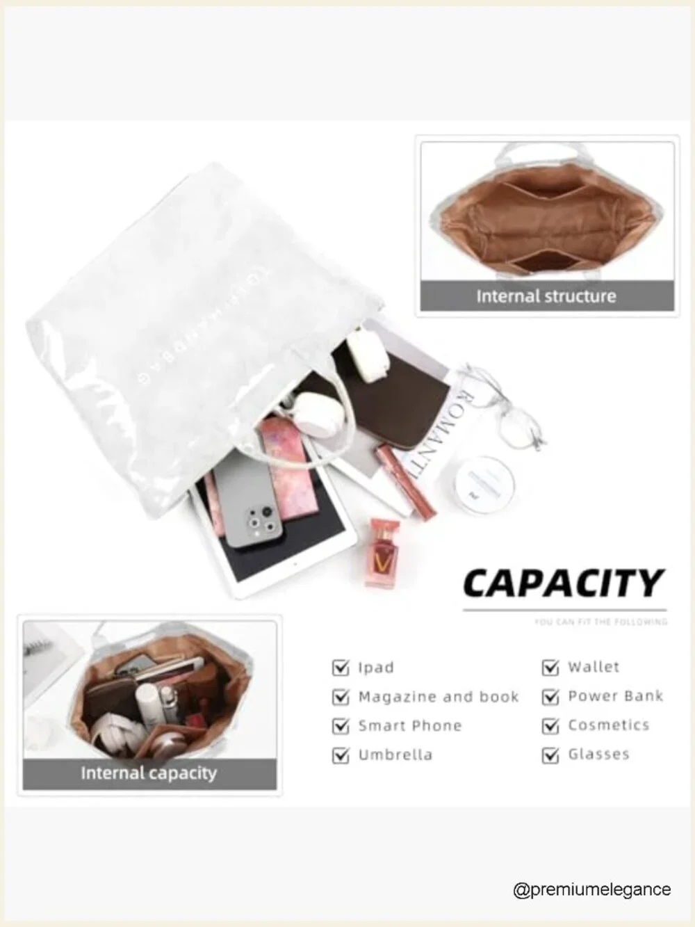 Large Kraft Paper PVC Tote Bag with Letter Print Waterproof Clear Hobo Handbag